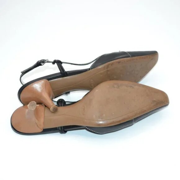TOD'S Black Structured Minimalist Silver Metal Leather Slingback Kitten Heels 9 - Picture 14 of 15